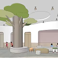Kindergarten Indoor Space With Large Tree Shaped Structure Green Leaves And Children Playing