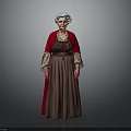 Elderly Woman in Red Cloak and Brown Dress with Lace Cuffs Standing Against Gray Background