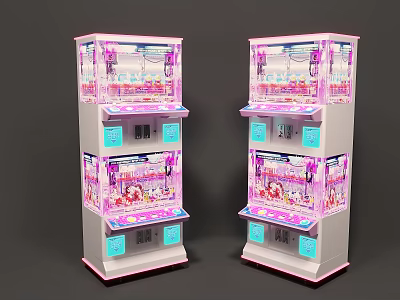 Two Pink And White Entertainment Claw Machines With Transparent Glass And Stuffed Toys 3d model