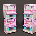 Two Pink And White Entertainment Claw Machines With Transparent Glass And Stuffed Toys