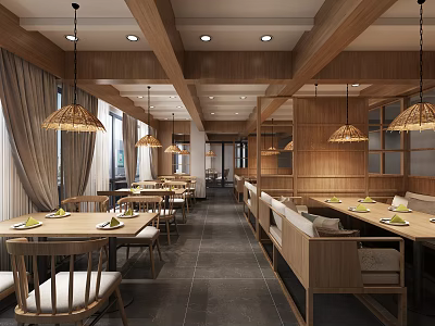Warm Restaurant Interior With Wooden Ceiling Rattan Pendant Lights Dining Tables And Chairs 3d model