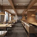 Warm Restaurant Interior With Wooden Ceiling Rattan Pendant Lights Dining Tables And Chairs
