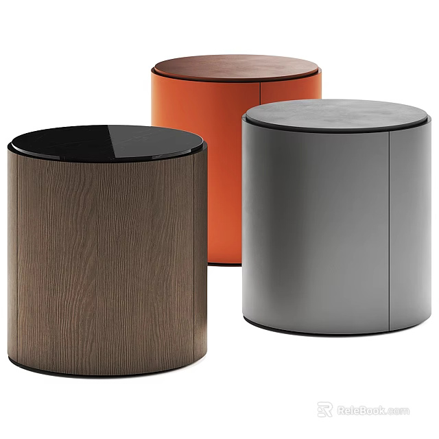 Modern Cylindrical Bedside Tables With Three Different Color Finishes Wood Orange Gray 3d model 