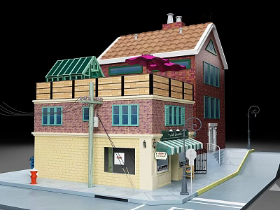 Two Story Building Model With Ground Floor Shop Green Awning And Red Fire Hydrant 3d model