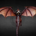 Mythical Red Dragon Flying with Large Membranous Wings Scales and Horned Head Against Dark Background