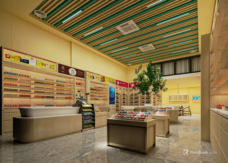 Tobacco And Liquor Store Interior With Shelves Product Displays And Counter Layout 3d model 