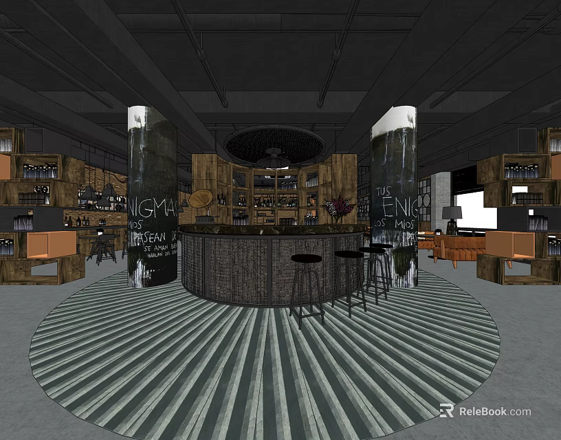 Modern Café Interior With Round Bar Counter Wooden Shelves Whisky Gin Bottles And Striped Carpet 3d model 