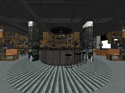Modern Café Interior With Round Bar Counter Wooden Shelves Whisky Gin Bottles And Striped Carpet 3d model