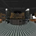 Modern Café Interior With Round Bar Counter Wooden Shelves Whisky Gin Bottles And Striped Carpet