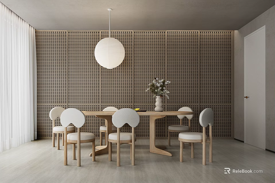 Modern Restaurant Interior With Wooden Dining Table Chairs Round Pendant Light And Perforated Wall 3d model 