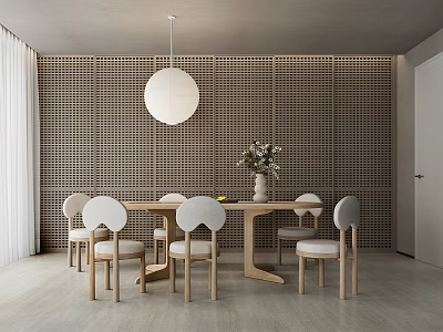 Modern Restaurant Interior With Wooden Dining Table Chairs Round Pendant Light And Perforated Wall 3d model