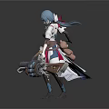 Anime Style Female Game Character With Blue Hair White Blue Outfit Mechanical Gun Combat Stance