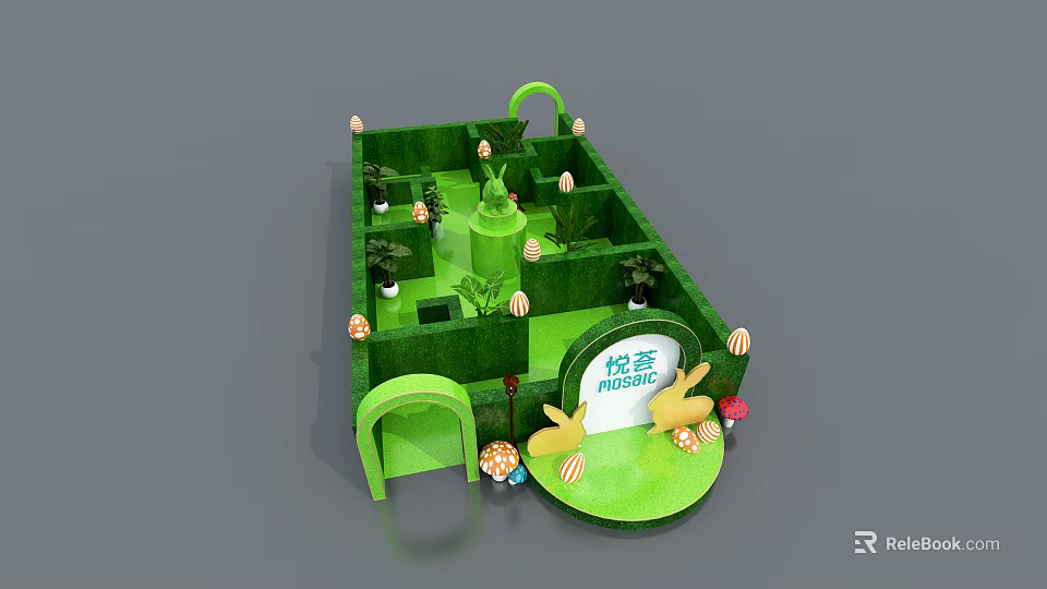 Whimsical Spring Floral Installation With Green Maze Mushrooms Bunnies And Flowers 3d model 
