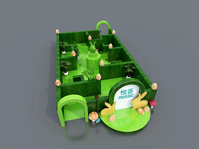 Whimsical Spring Floral Installation With Green Maze Mushrooms Bunnies And Flowers 3d model