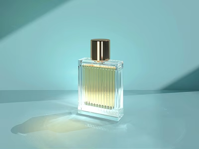 Elegant Perfume Bottle With Transparent Glass Square Design And Gold Cap On Light Blue Background 3d model