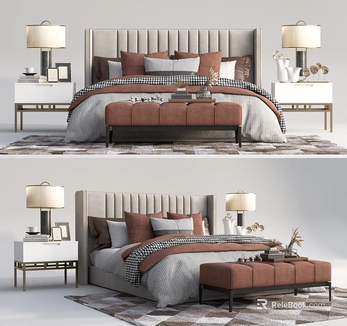 Modern Double Bed With Brown Gray Bedding Nightstands Table Lamps And Bench 3d model