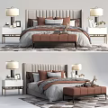 Modern Double Bed With Brown Gray Bedding Nightstands Table Lamps And Bench 3d model