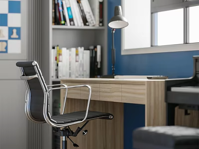 Modern Office Chair With Wooden Desk And Bookshelf In Home Office Setting 3d model