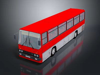 Red Bus With Red Body And White Lower Section Multiple Windows On Black Reflective Background 3d model