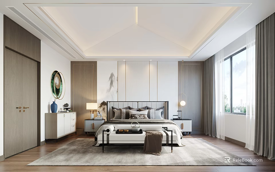 Modern Bedroom Interior Design With Comfortable Bed Nightstands Lamps And Area Rug 3d model 