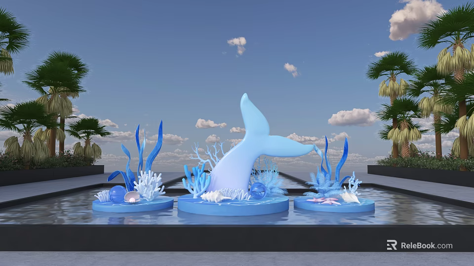 Ocean Theme Display With Blue Whale Tail Sculpture Coral Seashells And Palm Trees 3d model 