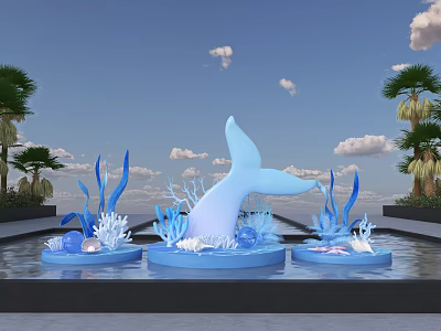 Ocean Theme Display With Blue Whale Tail Sculpture Coral Seashells And Palm Trees 3d model