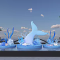 Ocean Theme Display With Blue Whale Tail Sculpture Coral Seashells And Palm Trees