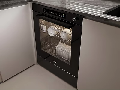 Modern Kitchen Dishwasher Loaded With Plates And Bowls Near Cabinets And Countertop 3d model