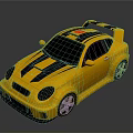 Yellow Sports Car With Black Stripes Rear Spoiler And Silver Wheels
