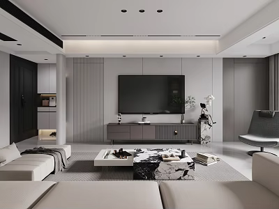 Modern Minimalist Living Room Interior Design With Neutral Sofa TV Wall And Marble Coffee Table 3d model
