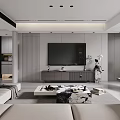 Modern Minimalist Living Room Interior Design With Neutral Sofa TV Wall And Marble Coffee Table
