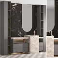 Modern Bathroom Washbasin With Black Marble Wall Oval Mirror And Beige Countertop