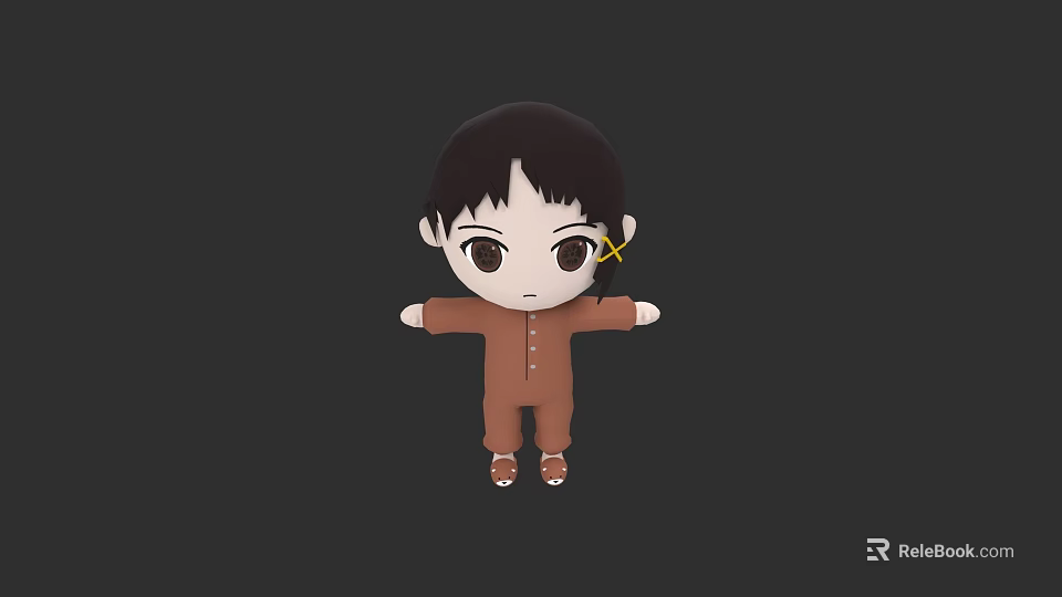 Cute Cartoon Little Girl Doll With Black Short Hair Brown Outfit And Brown Shoes 3d model 