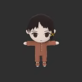Cute Cartoon Little Girl Doll With Black Short Hair Brown Outfit And Brown Shoes
