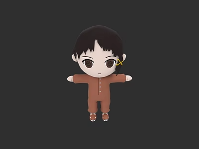 Cute Cartoon Little Girl Doll With Black Short Hair Brown Outfit And Brown Shoes 3d model