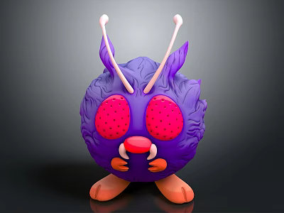 Purple Cartoon Game Movie Character With Round Body Pink Eyes White Antennae And Orange Feet 3d model