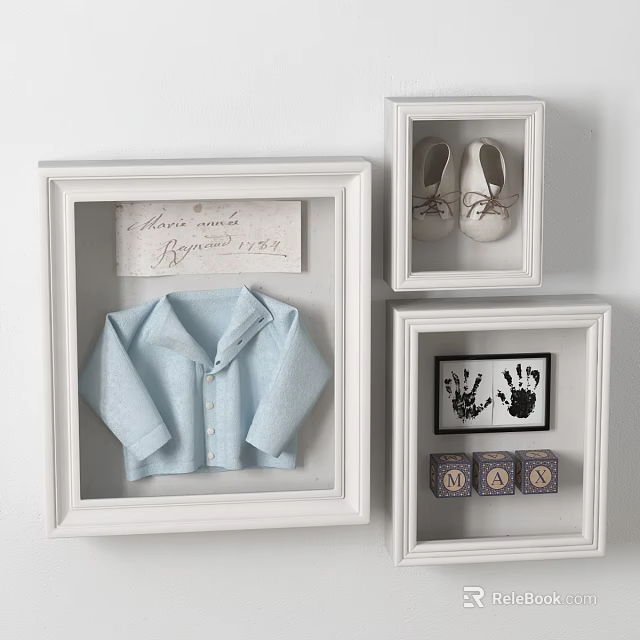 Elegant Wall Decor with Framed Baby Shirt Shoes Handprints and Note 3d model 