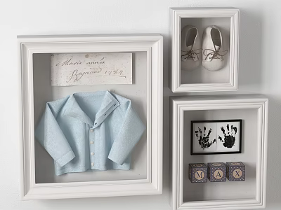 Elegant Wall Decor with Framed Baby Shirt Shoes Handprints and Note 3d model