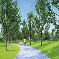 Scenic Park Landscape With Winding Path Tall Trees Green Grass and Blue Sky
