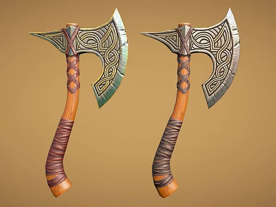 Intricate Patterned Axes With Green Gray Metal Blades And Brown Woven Handles 3d model