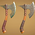 Intricate Patterned Axes With Green Gray Metal Blades And Brown Woven Handles