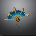 Decorative Fan with Golden Frames Blue Surface Lightning Patterns Yellow Center And Tassel