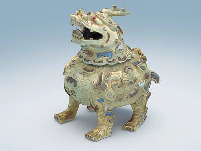 Traditional Mythical Beast Sculpture Carving with Intricate Celadon Gold Blue Patterns and Ornate Details 3d model