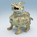 Traditional Mythical Beast Sculpture Carving with Intricate Celadon Gold Blue Patterns and Ornate Details