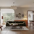 Modern Living Dining Room Interior With Green Velvet Sofa Wooden Bookshelves Black White Rug