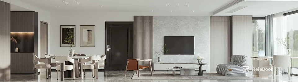 Modern Living Dining Room Interior With TV Wall Sofa Coffee Table And Marble Floor 3d model