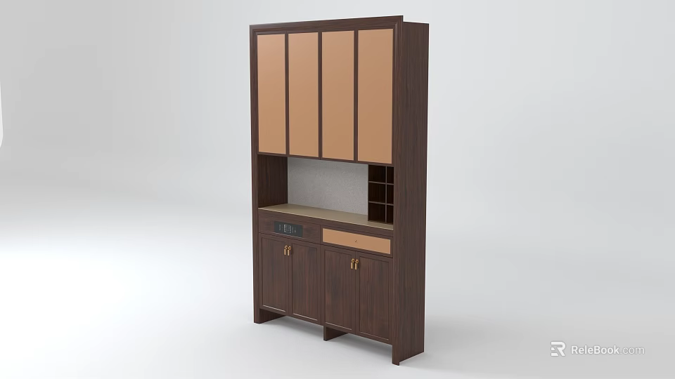 Dark Brown Wooden Entryway Side Cabinet With Upper Glass Doors Lower Drawers And Storage Compartments 3d model 