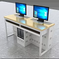 Computer Desk with Two Monitors Wooden Tabletop White Frame and Storage Cabinets 3d model