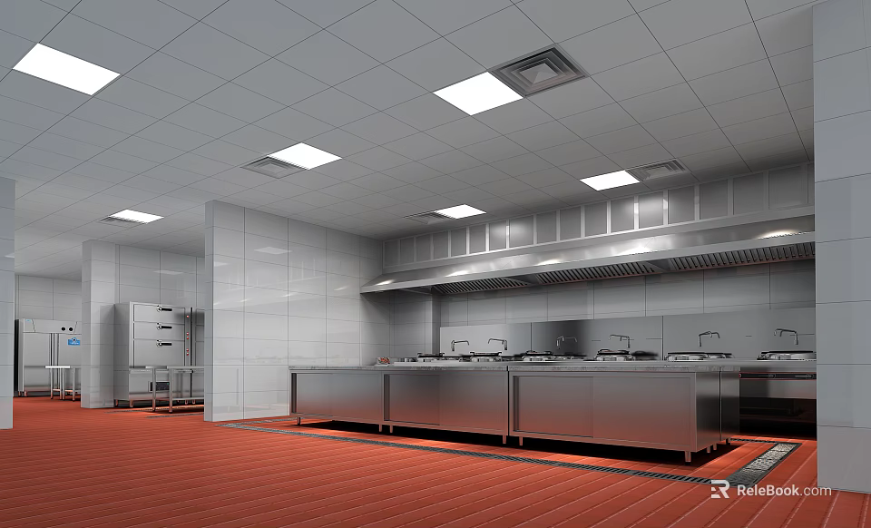 Spacious Commercial Kitchen Interior With Stainless Steel Countertops Red Flooring And Ventilation Hoods 3d model 