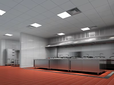 Spacious Commercial Kitchen Interior With Stainless Steel Countertops Red Flooring And Ventilation Hoods 3d model